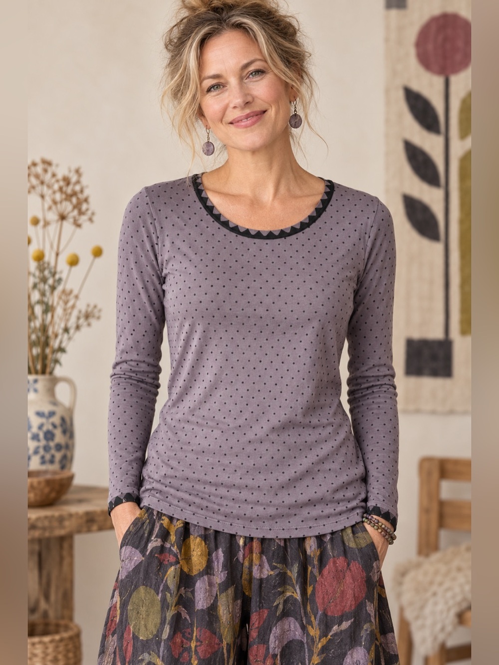 Gudrun Sjöden 100% Silk Polka Dot Long Sleeve Top Gray Black Medium